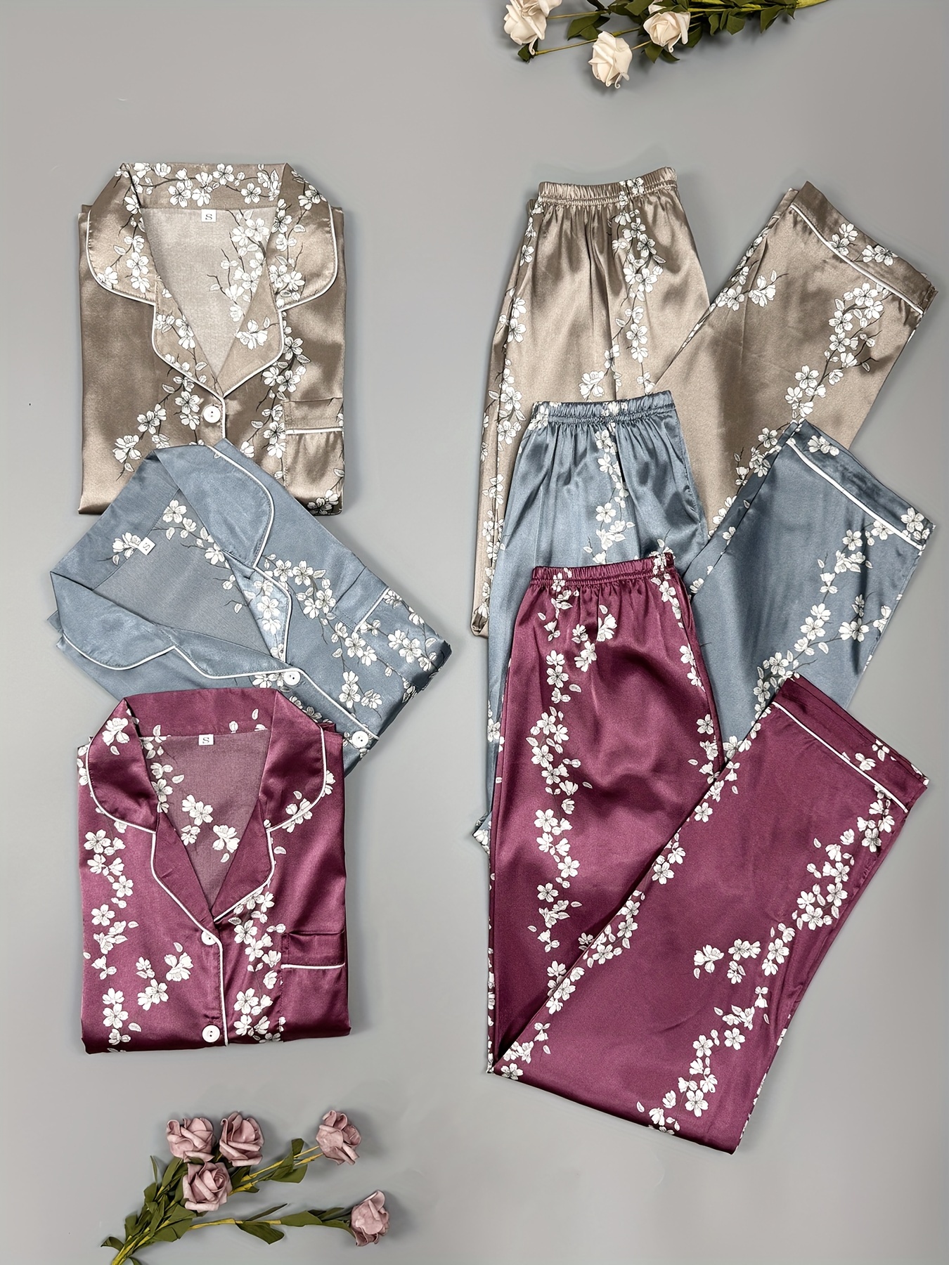 Floral Print Satin Pajama Set Casual Long Sleeve Button Top - Temu