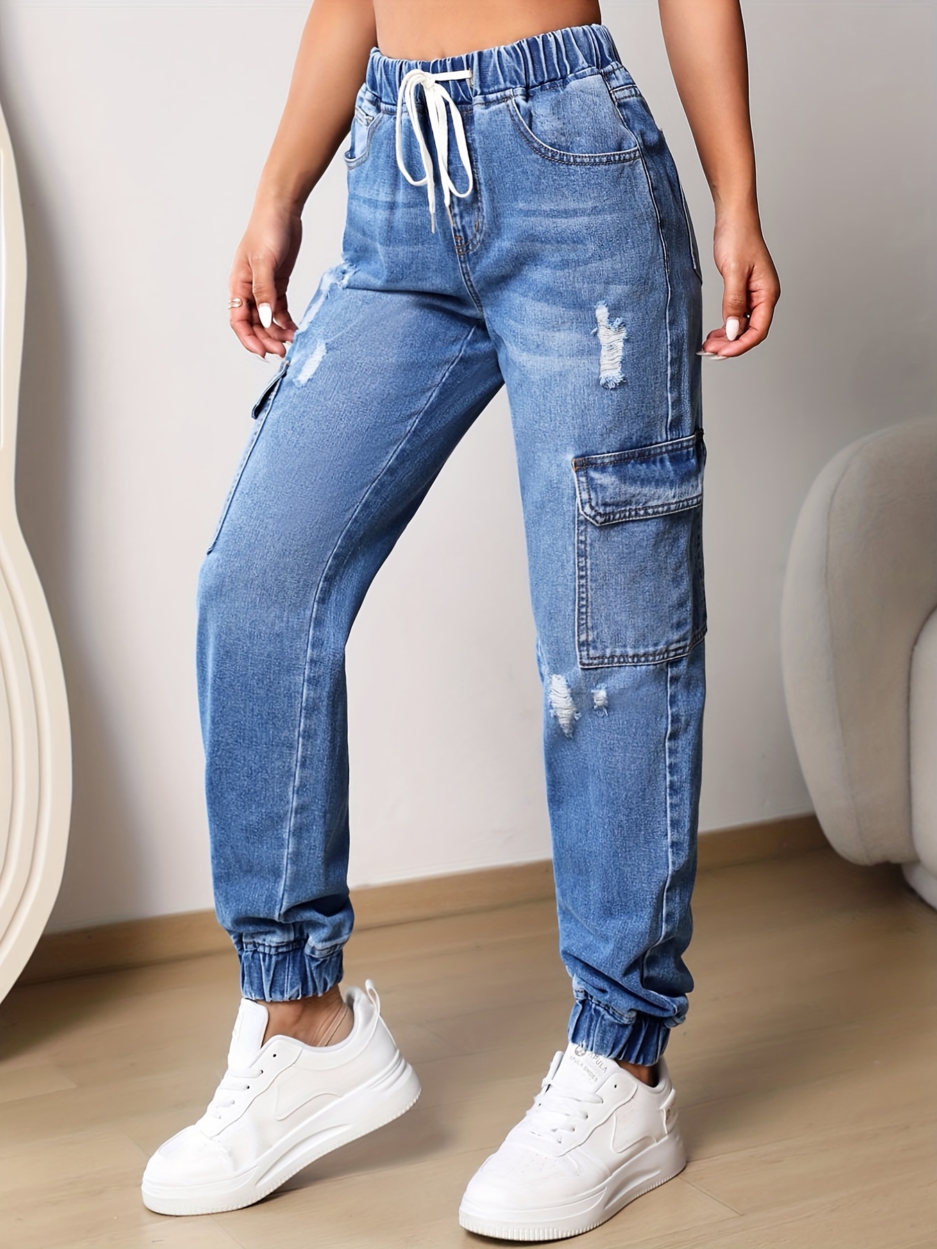 Jeans Jogger Azul Rotos con Agujeros, Cintura con Cordón Bolsillos con  Solapa Piernas Rectas Pantalones Cargo, Jeans de Mujer y Ropa de Denim