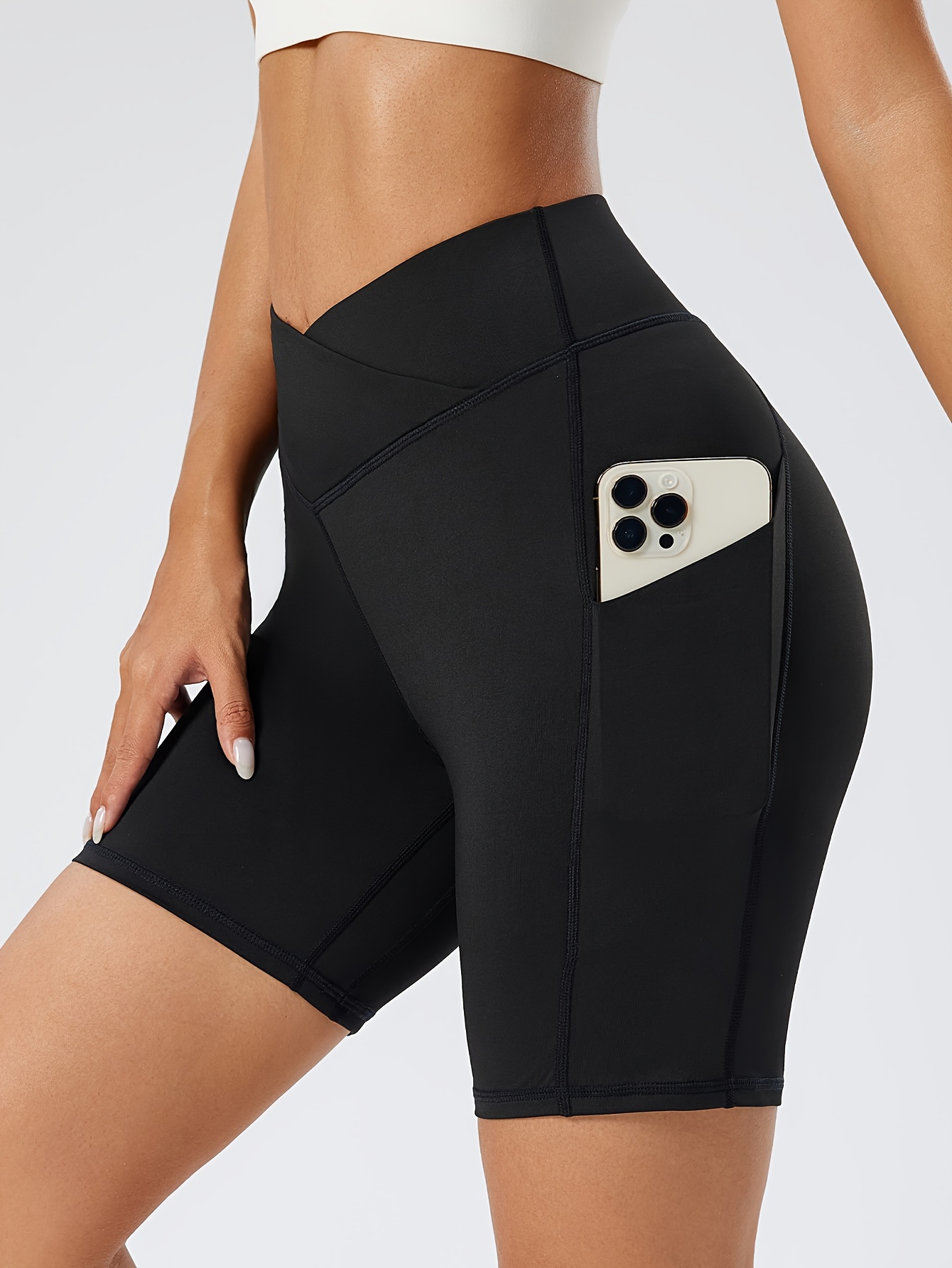 Leggings cortos de motociclista sin costuras con bolsillos para mujer, de  cintura alta, de elastano, atléticos, entrenamiento, yoga, gimnasio, correr