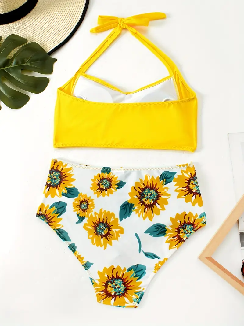 Sunflower Print Bikini Sets Halter Neck V Neck High Waist - Temu