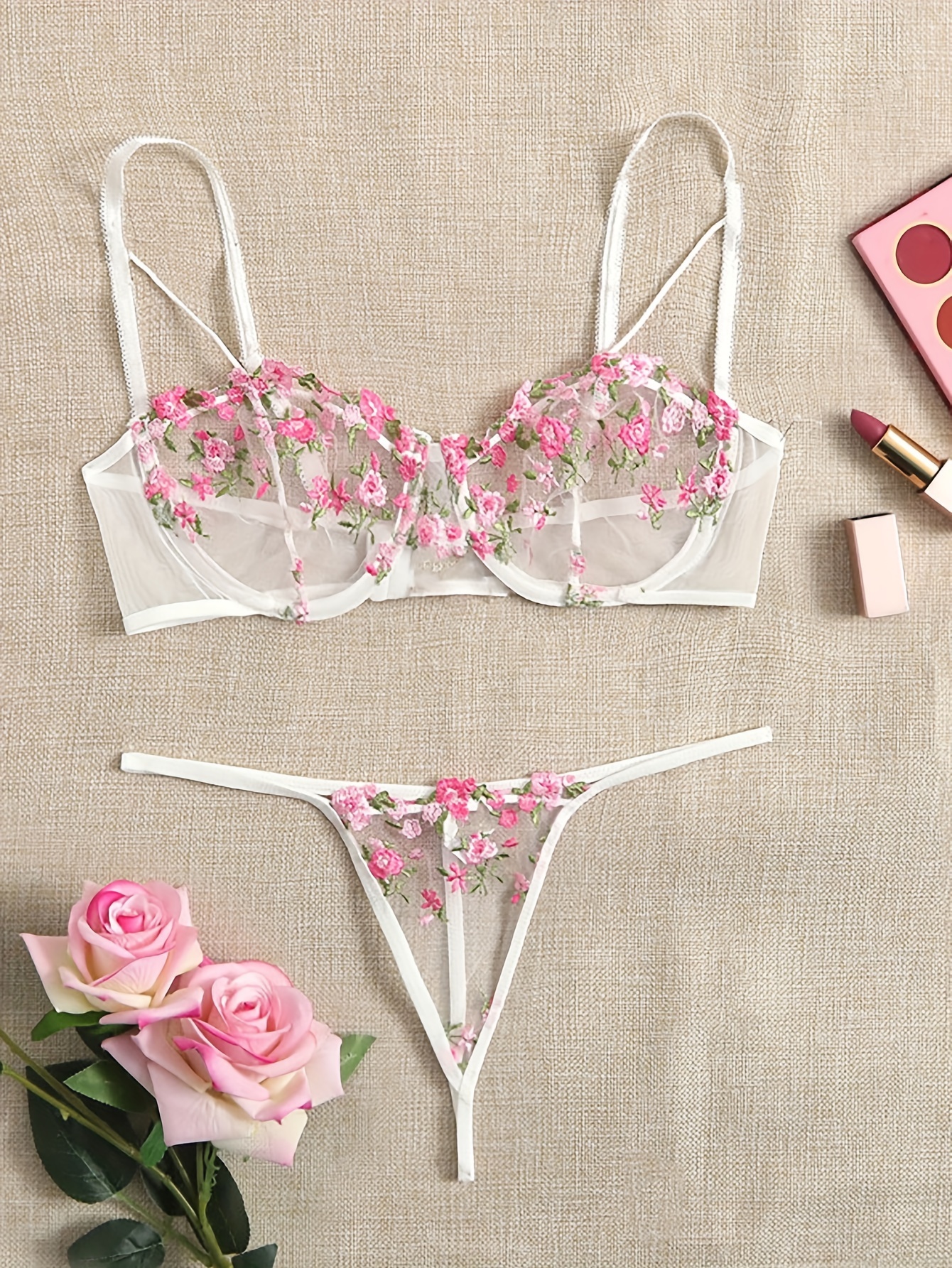 Floral Embroidery Semi Sheer Lingerie Set Intimates Bra - Temu