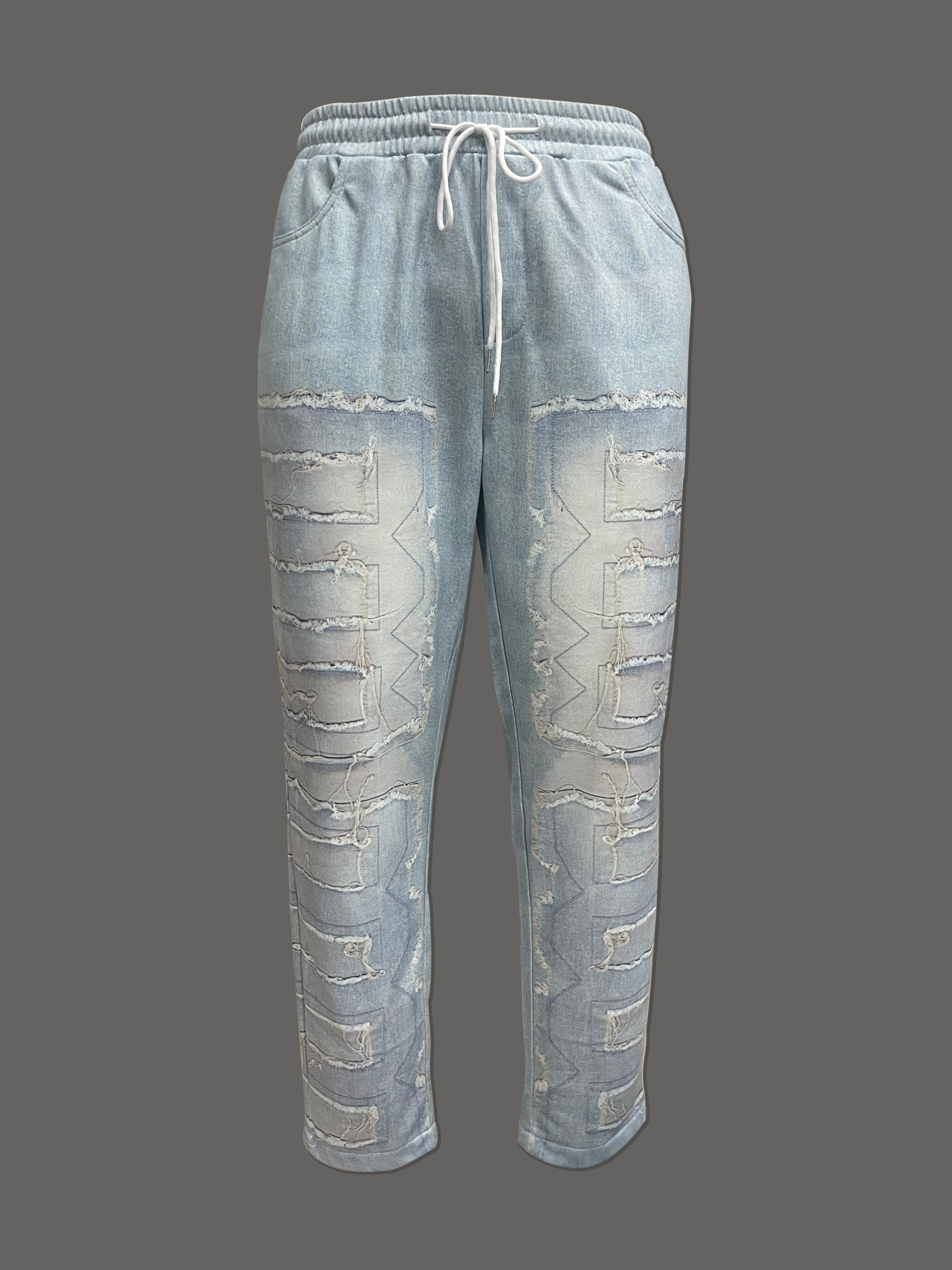 All Over Ripped Drawcord Denim Joggers
