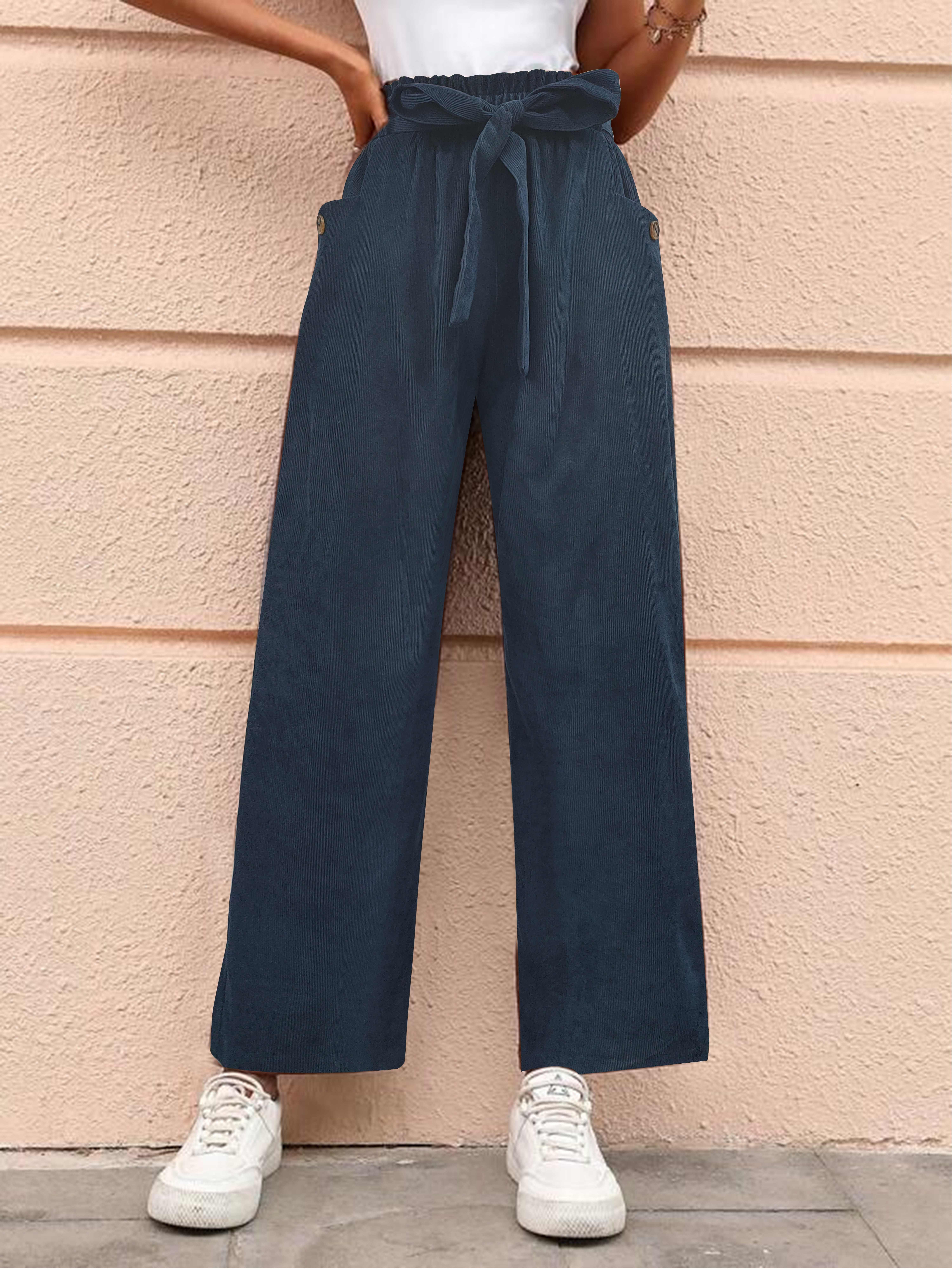 solid belted paper bag waist pants vintage straight leg pants with pocket womens clothing
