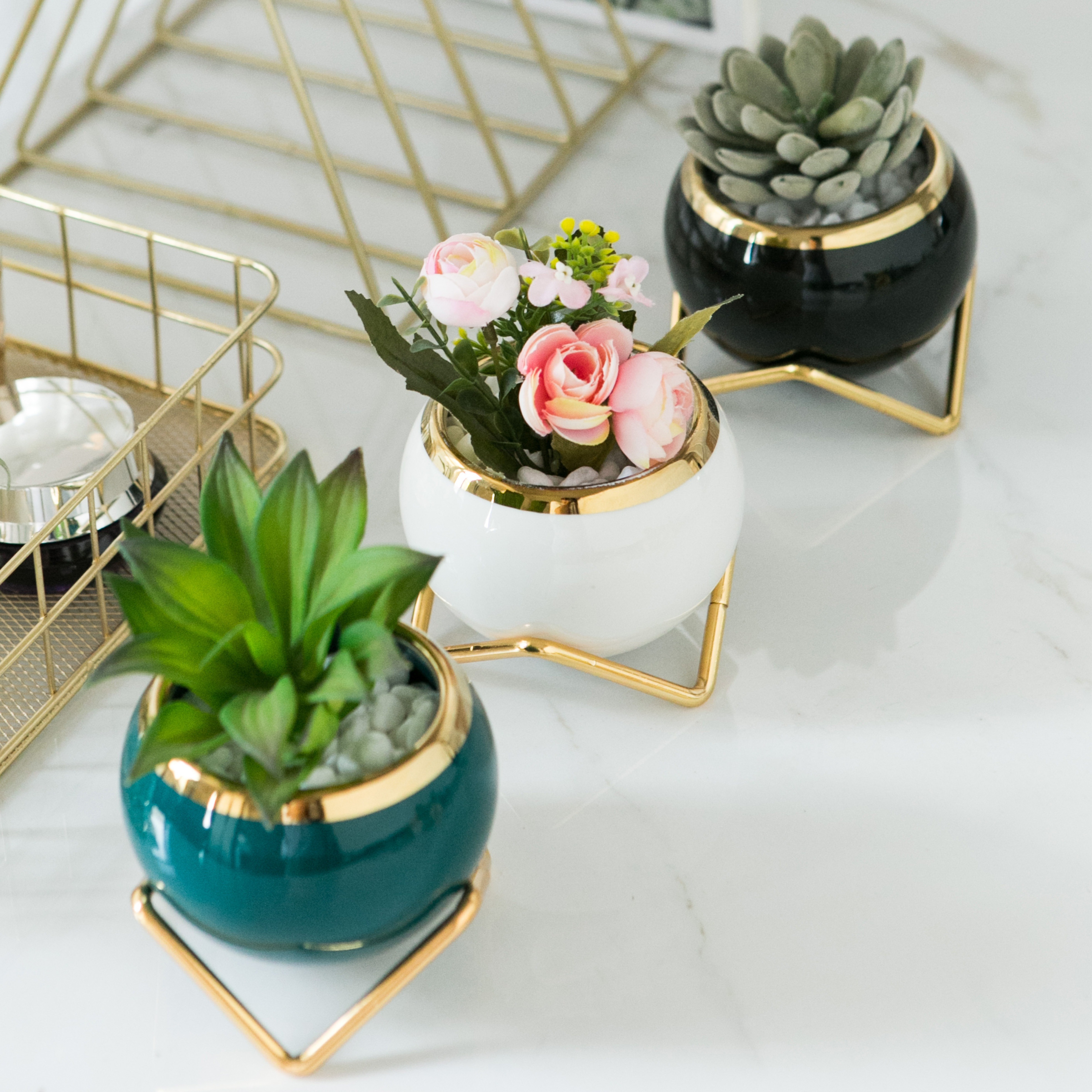 

3pcs/set, Porcelain Succulent Flower Pots Set, Creative Flower Pots With Stainless Steel Golden Flowerpot Bracket, Mini Plant Pots Suitable For Indoor And Outdoor Balconies, (no Plants Included)
