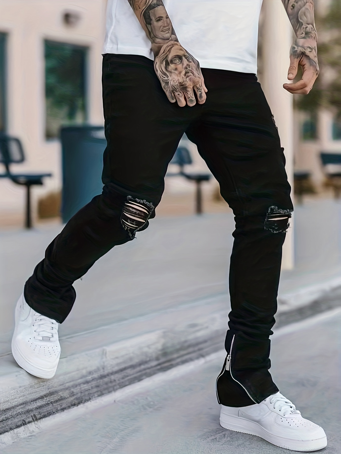 Slim Fit Stretch Jeans Men's Casual Street Style Distressed - Temu Canada