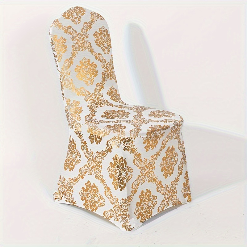 Image of 1pc Golden Silvery Printed Removable Washable Spandex Chair Slipcover For Weddings, Party, Dining Room, Office, Banquet, And Home Decor, Universal Stretch Elastic Chair Cover