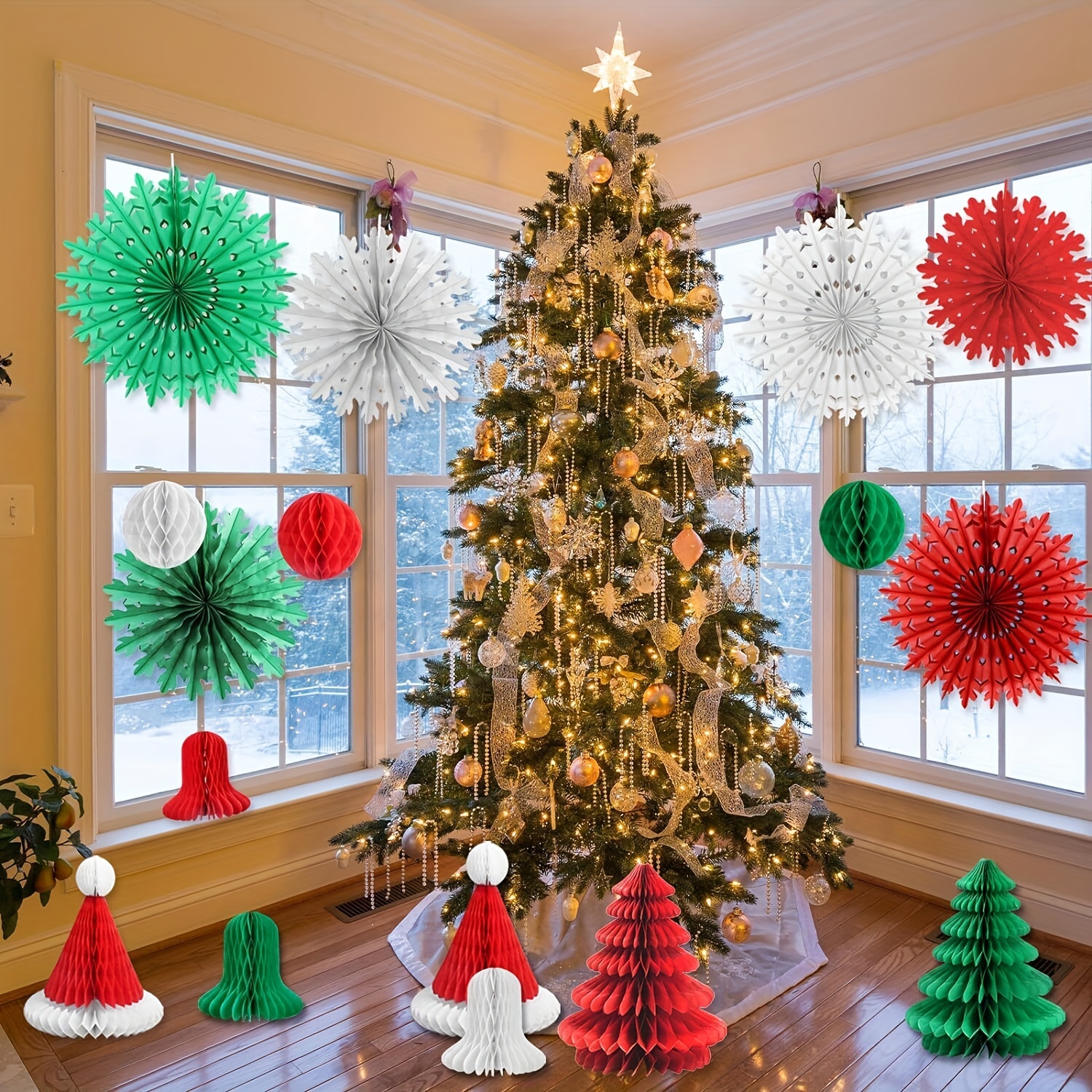  WILLBOND 16 Pieces Christmas Honeycomb Decorations Assorted 3D  Paper Honeycomb Decoration Hanging Honeycomb Tree Ball Bell Hat Snowflake  for Christmas Party Favors : Home & Kitchen