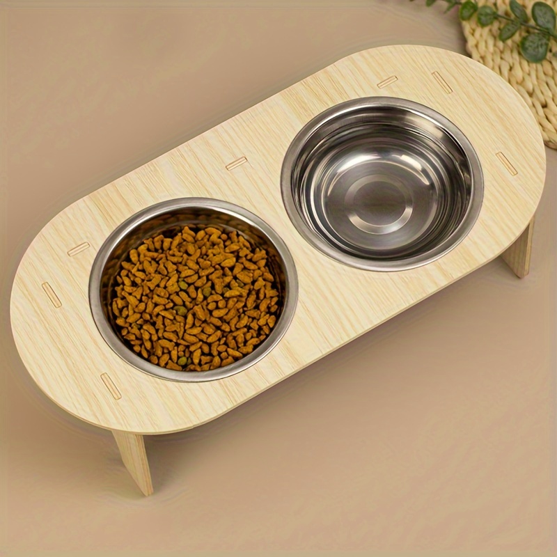 Raised Cat Bowls With Wooden Feeder Stand, Elevated 2 Stainless Steel Cat  Food Bowl Water Basin For Indoor Cats