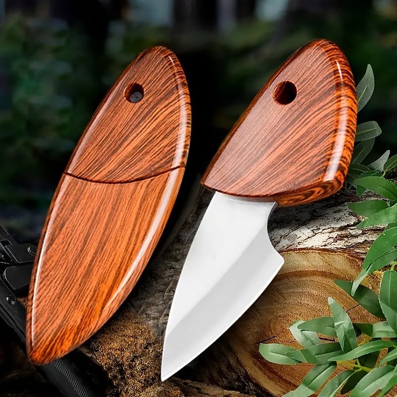 1pc Fish Shape Mini Pocket Knife With Wooden Handle And Sheath For Kitchen  And Camping