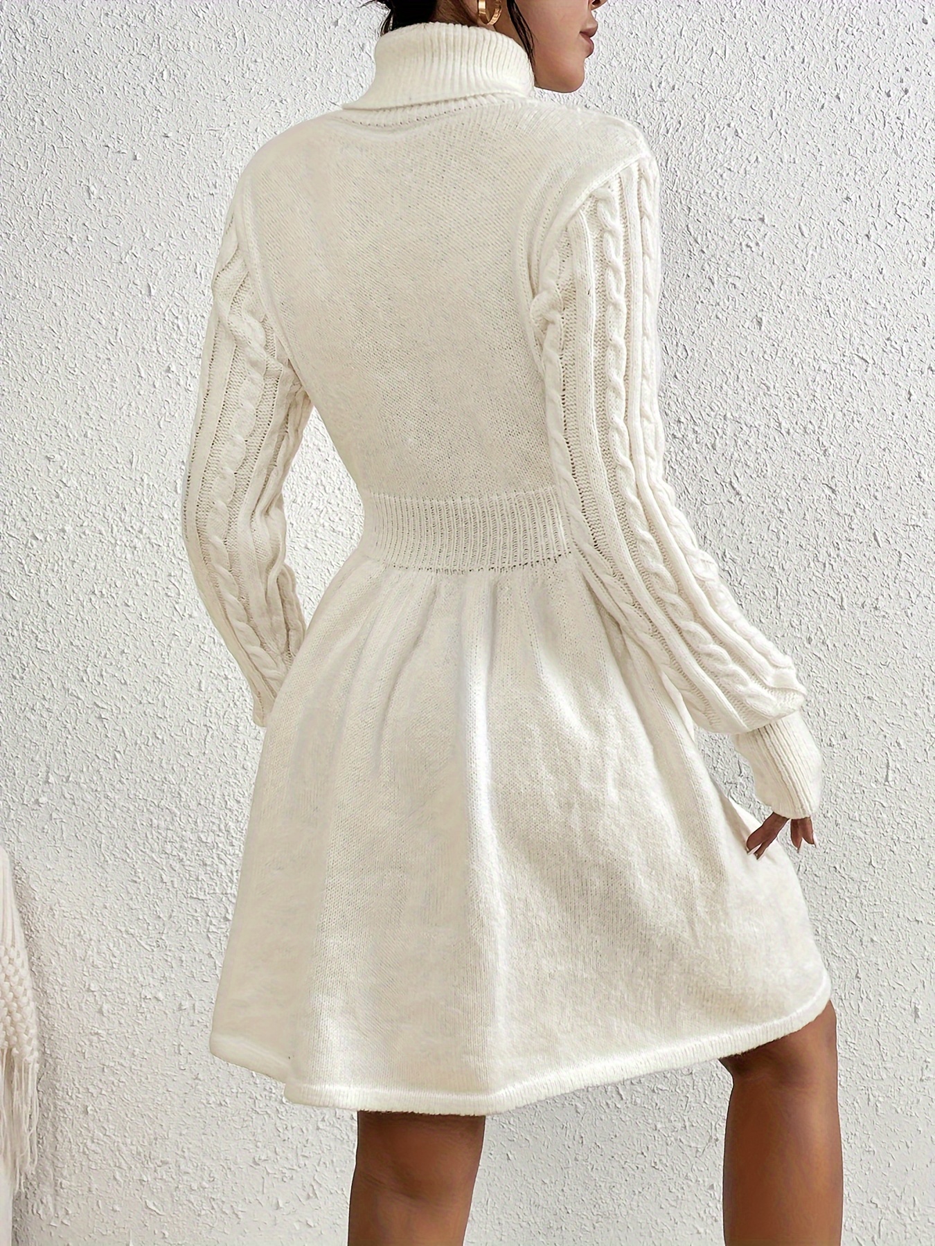 cable knit sweater dress elegant turtleneck long sleeve dress womens clothing details 0