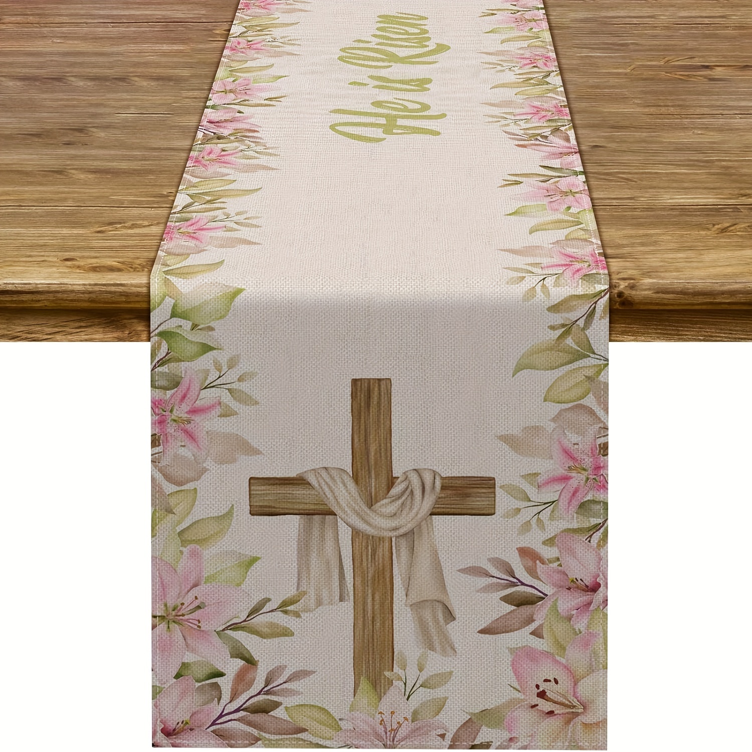 

1pc, Polyester Table Runner, Table Runner For Easter Christian Cross Resurrection Lily Spring Holiday Party Kitchen Dinning Home Decoration, Room Decor