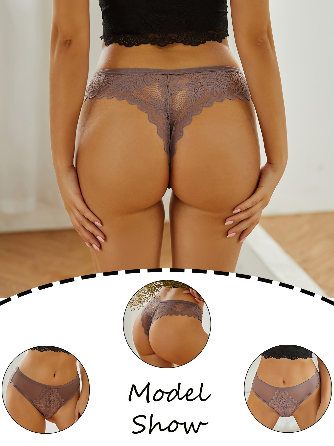 Beige Brown Tan Lace Thong Panty Sheer G-String Lingerie Sexy Underwear OS  S M L