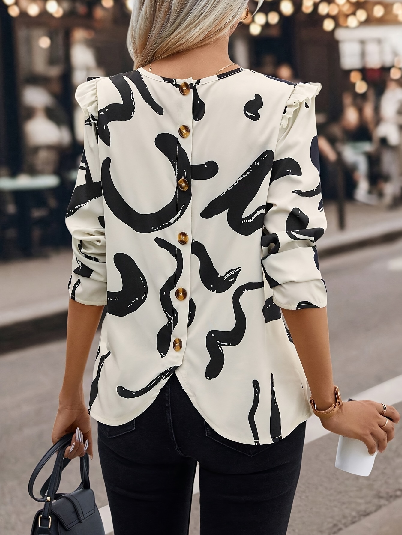 Abstract Print Button Back Blouse Casual Long Sleeve Top - Temu Canada