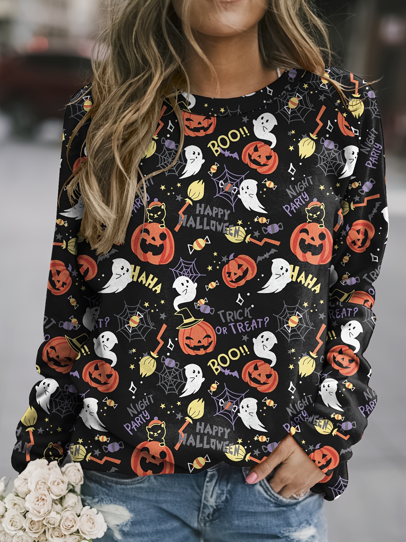 Plus Size Halloween Casual Sweatshirt, Women's Plus Graphic & Slogan Print  Long Sleeve Round Neck Sweatshirt - Temu