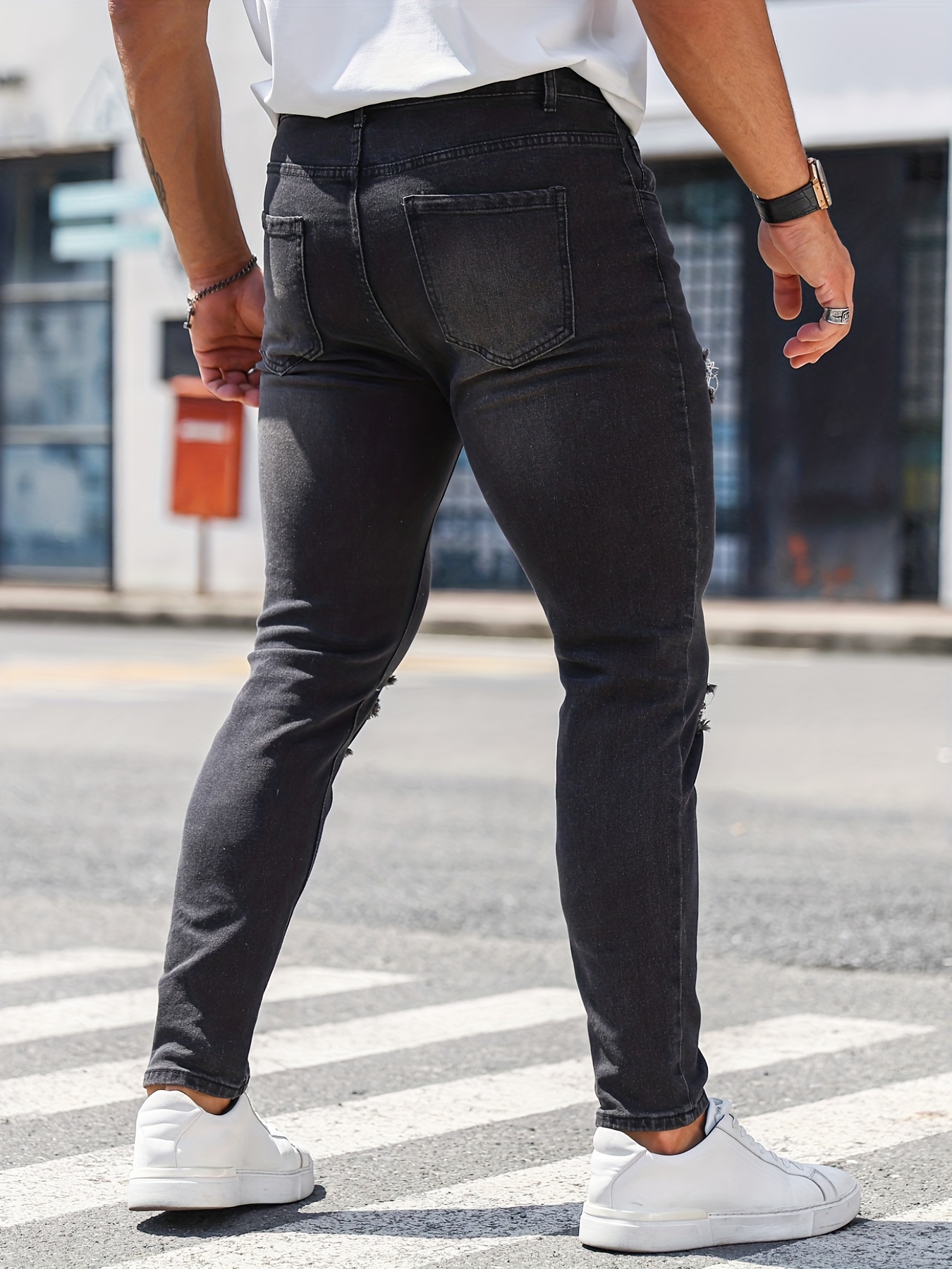 Slim Fit Jeans, Men's Casual Street Style Distressed Mid Stretch Denim  Pants For Spring Summer