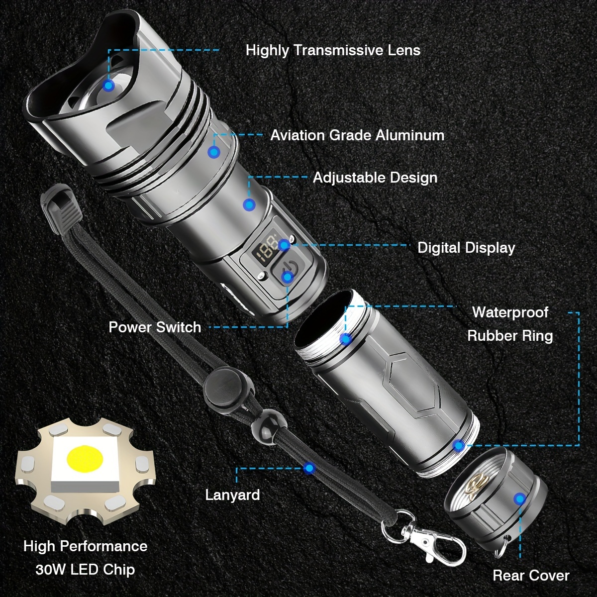 Lampe torche rechargeable à LED - Puissante - portée de plus de 200 m - 3  modes et Zoom + batton orange : : Bricolage