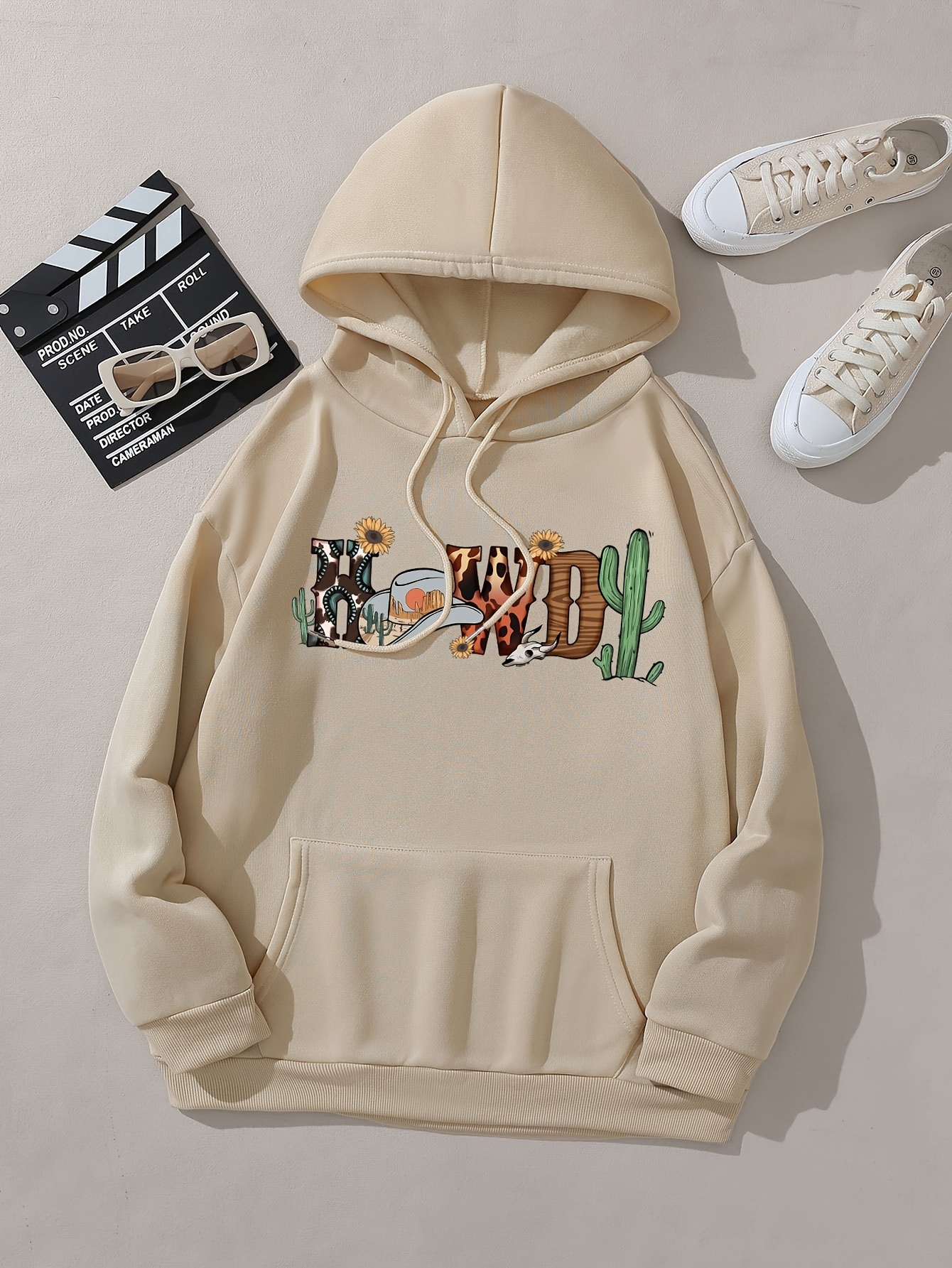 Howdy Print Hoodie, Casual Drawstring Hooded Sweatshirt For Winter & Fall,  Women's Clothing