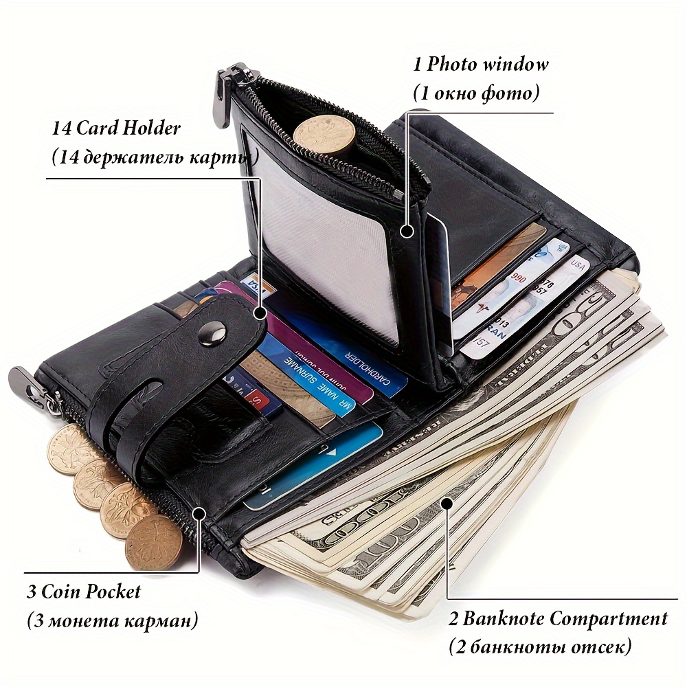 Bags, Wallet With Chain Genuine Leather Rfid Blocking Bifold Double Zipper  For Men