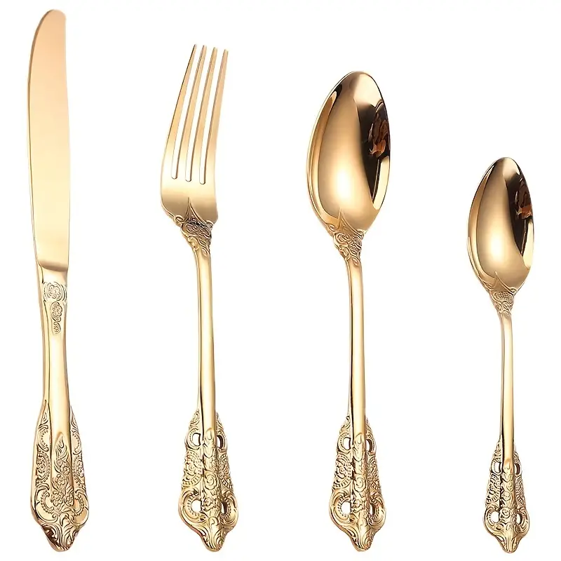 30-Pieces Royal Vintage Gold Plated Stainless Steel Cutlery Colorful Spoon  Fork Knife Set Black Rose Gold Flatware Service For 6