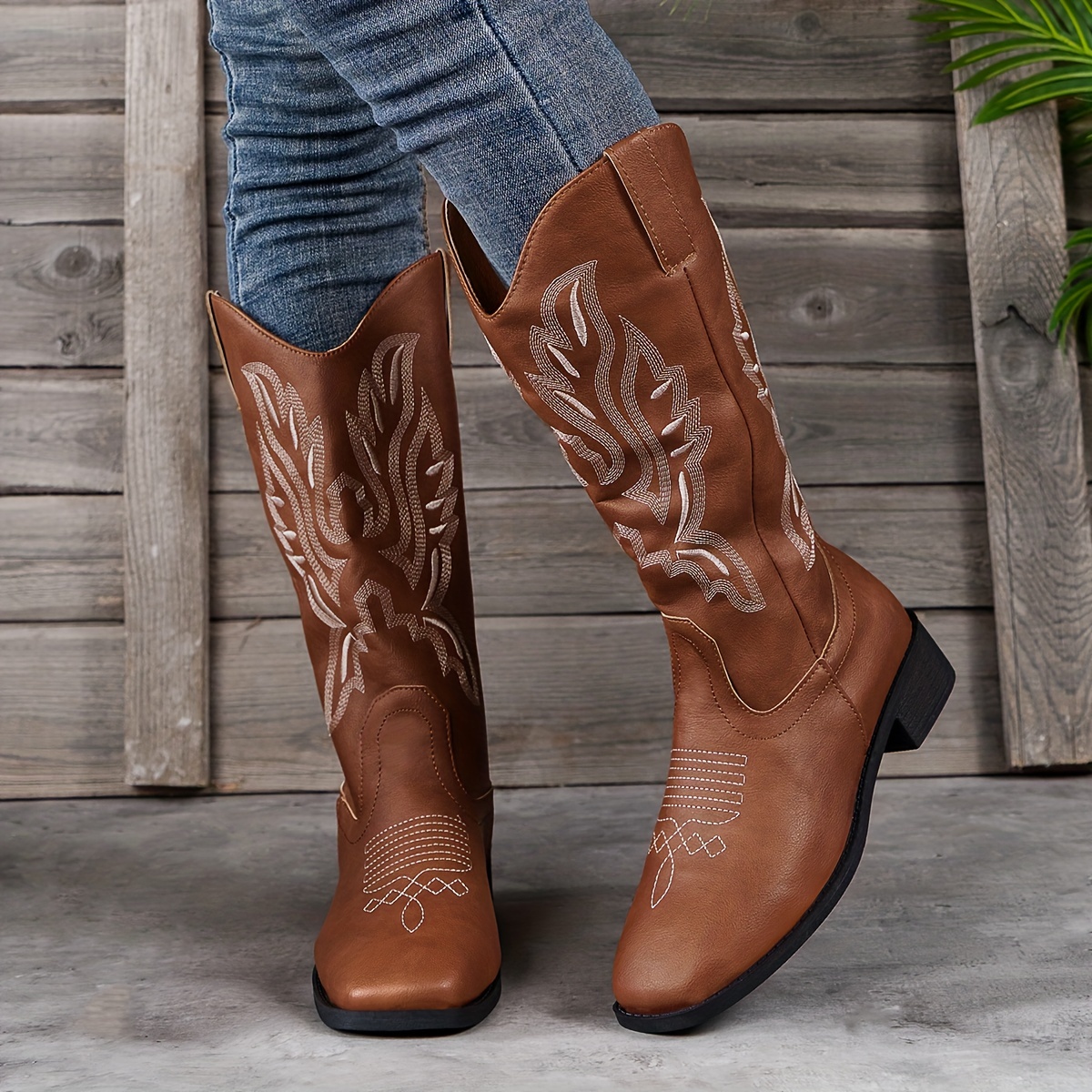 WOMENS COWGIRL Cowboy Square Toe Leather Western Embroidered BOOTS