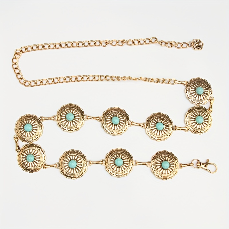 Boho Turquoise Inlay Waist Chain Golden Metal Openwork Belly Chain