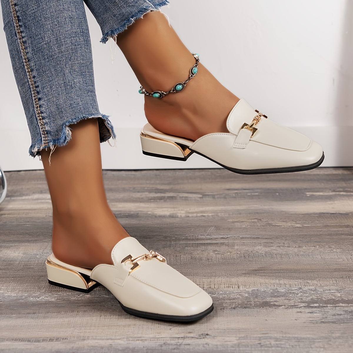 Women's Square Toe Mules, Fashion Horsebit Decor Slip On Shoes, Versatile  Backless Loafers