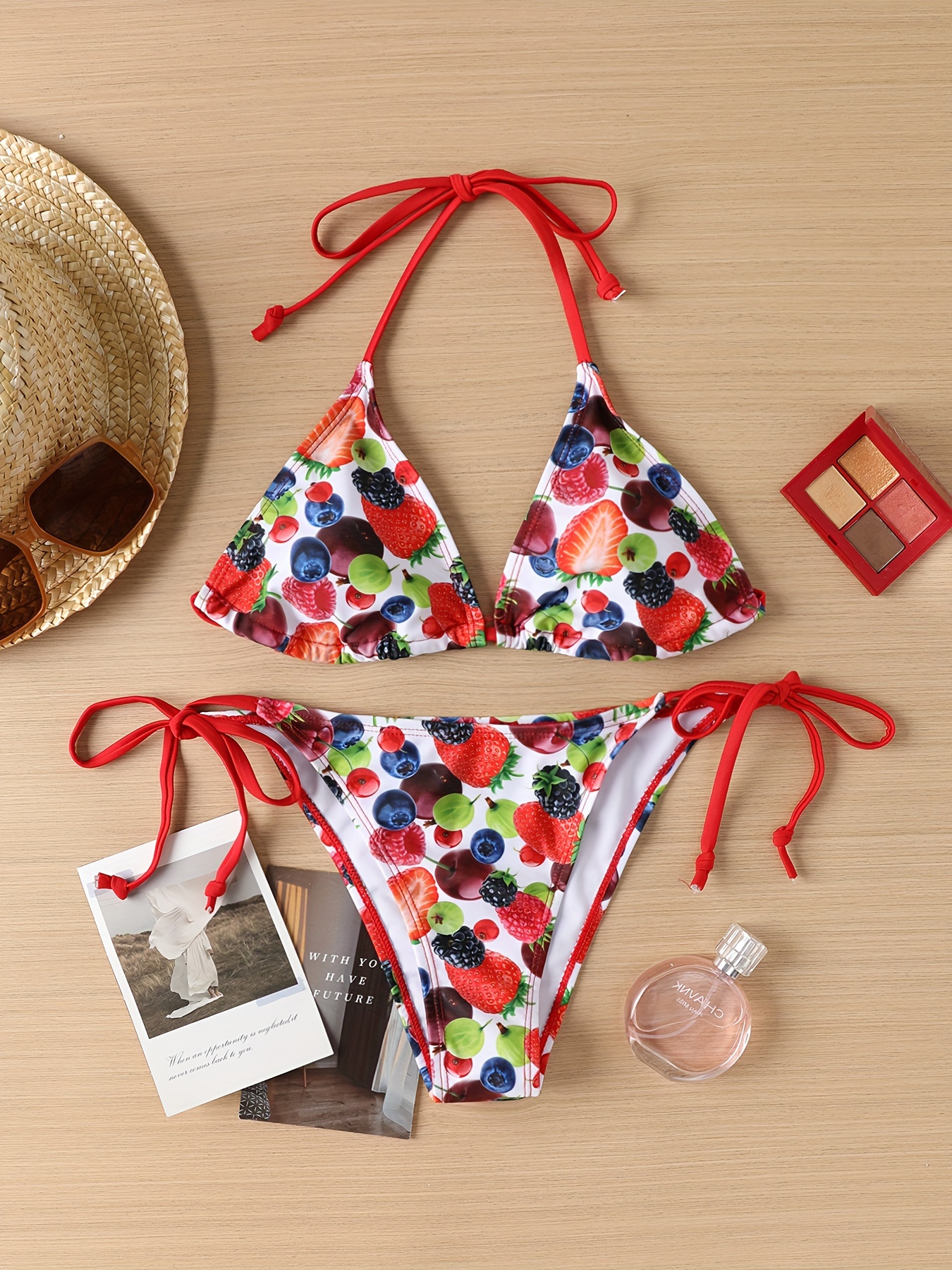 Cute Cherry Print Contrast Trim Bikini Halter Tie Side - Temu