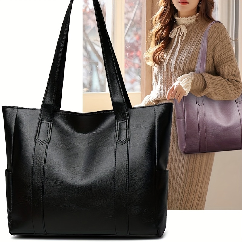Solid Color Tote Bag, Large Capacity Shoulder Bag, Pu Leather Handbags For  Work & School - Temu