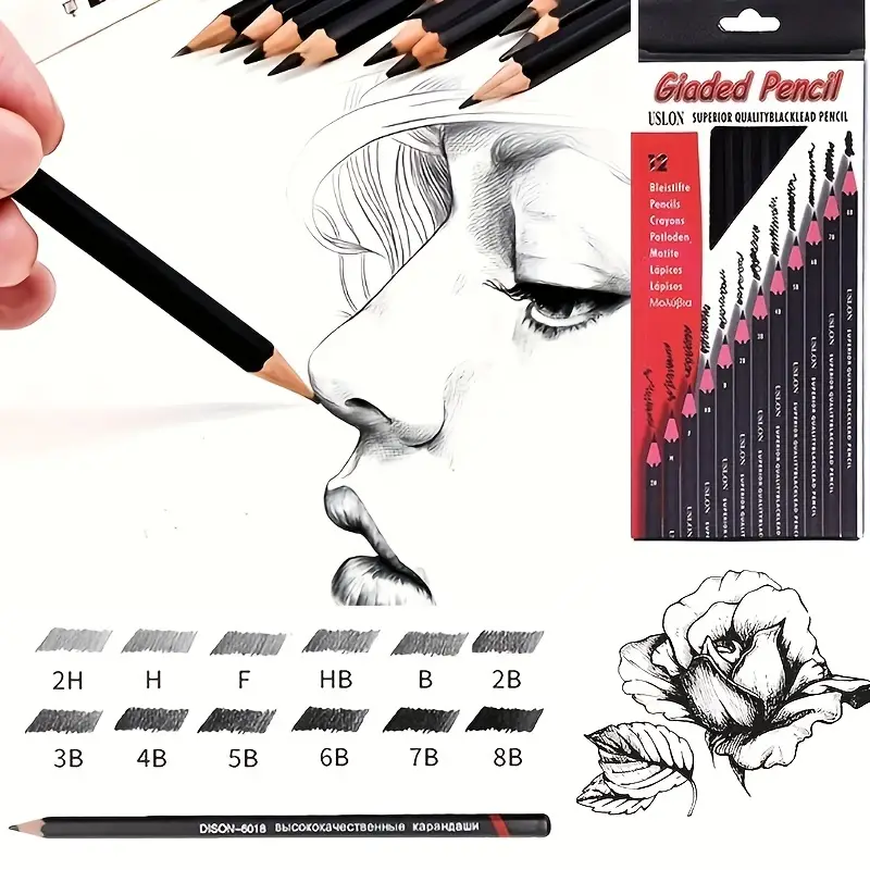 鉛筆 12 本 2h-8b スケッチ鉛筆セット 鉄箱/カートン詰めアート描画プロのスケッチ鉛筆 黒鉛筆/12 色のメタリックカラー鉛筆選択  オフィス・学用品 Temu Japan