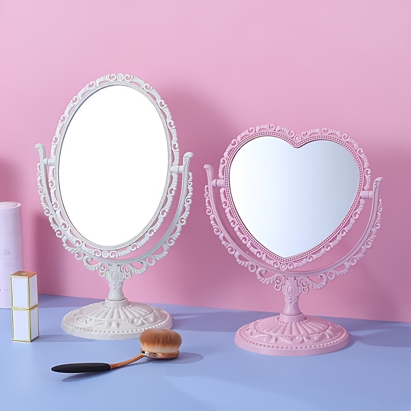 LOPURO Espejo cosmético en forma de corazón, espejo giratorio de plástico  de doble cara, espejo de maquillaje, espejo de tocador de mesa, espejo de