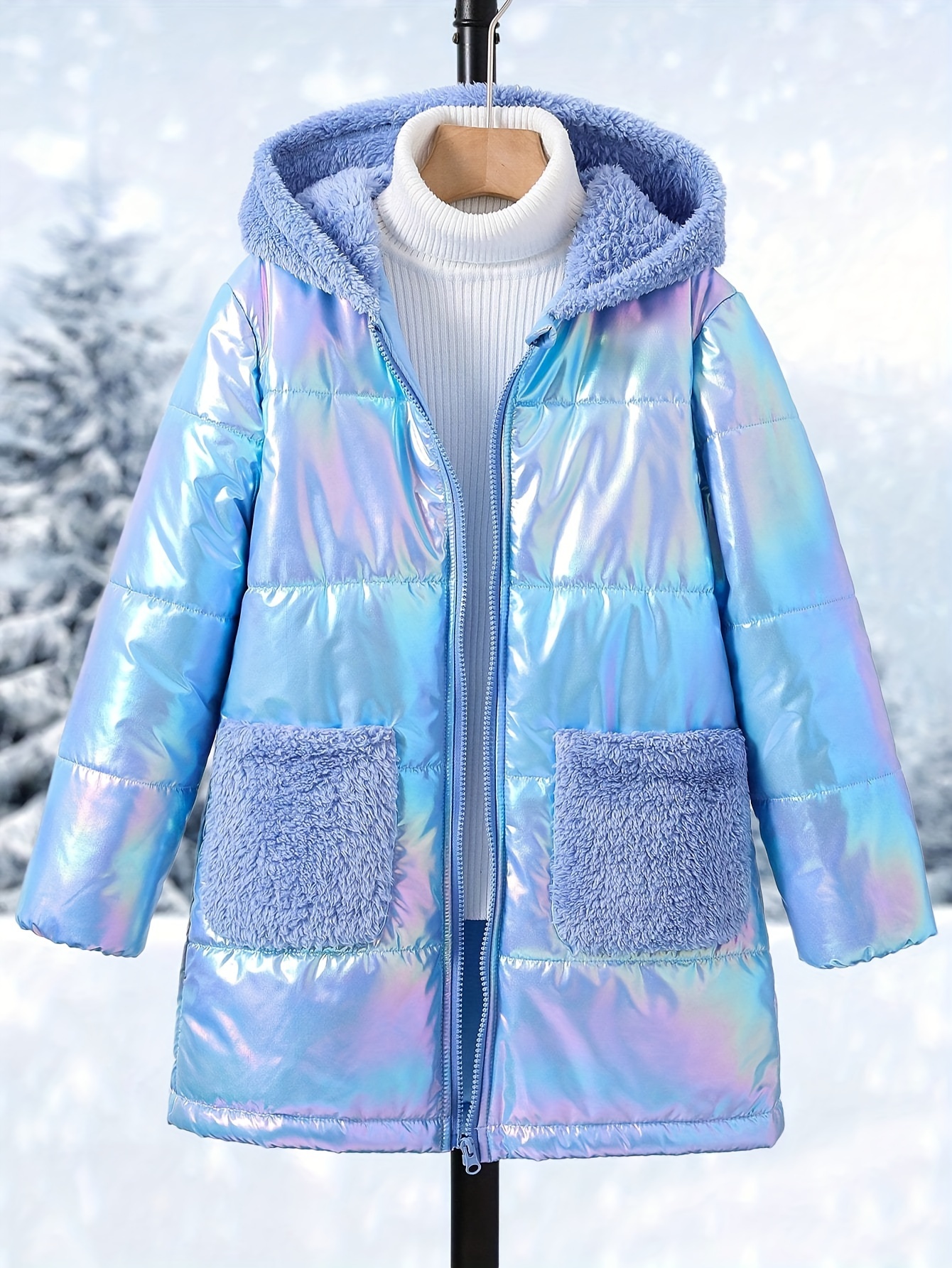 Shiny Snow Suits For Girls, Winter Fall Padded Jacket With Contrast Fleece  Hood *-length