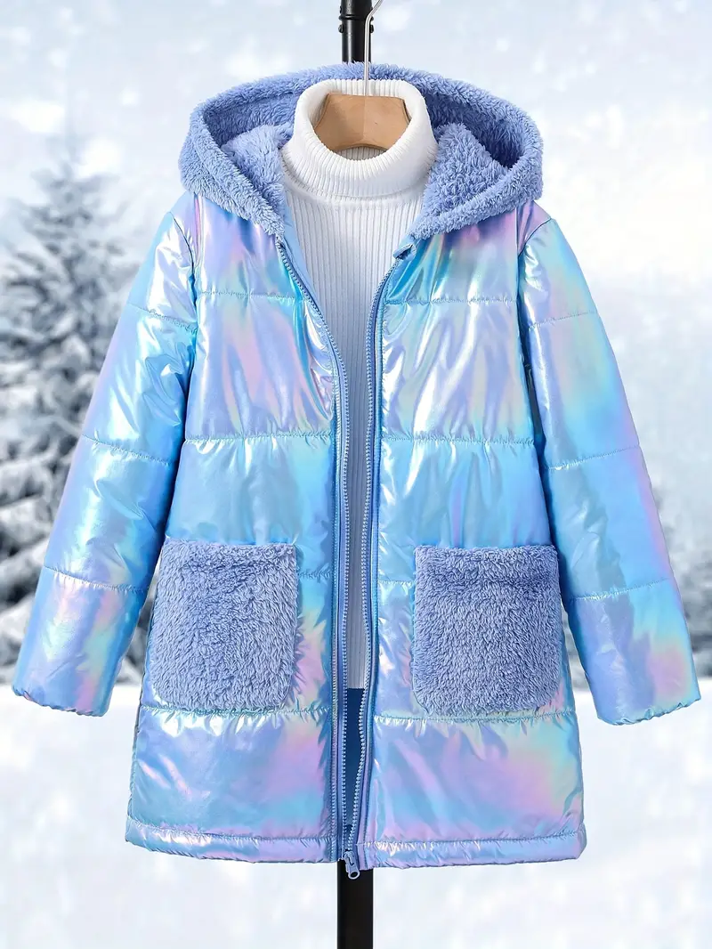 Shiny Snow Suits For Girls, Winter Fall Padded Jacket With Contrast Fleece  Hood *-length