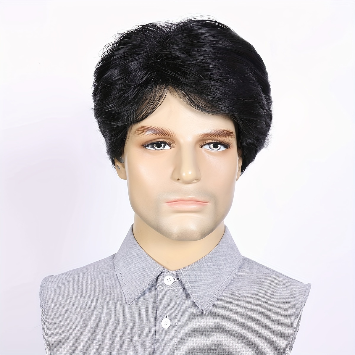 Men s Wig 6 Inch Short Straight Hair Wig With Bangs Natural Synthetic Hair Machine Make Wigs For Daily Use