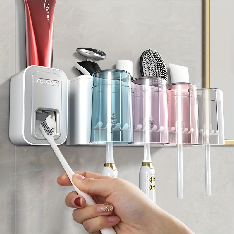  Soportes para cepillos de dientes para baños, 2 tazas de soporte  para cepillos de dientes montado en la pared con dispensador automático de  pasta de dientes, organizador de accesorios de baño