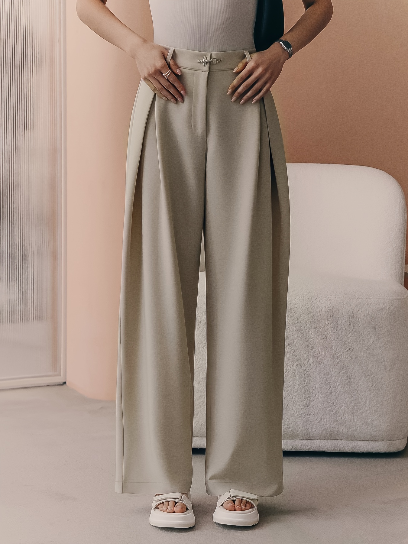 Solid Draped Loose Straight Leg Pants Elegant High Waist - Temu