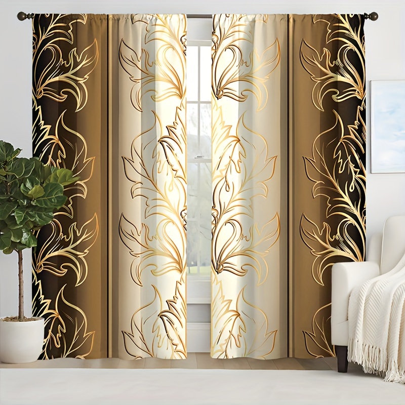 Image of 2pcs Black And Golden Nordic Leaf Pattern Curtains - Elegant 3d , Rod , Light-filtering Polyester For Living Room Or Bedroom Decor, Curtains For Living Room