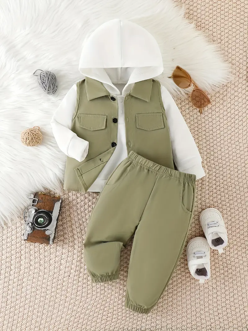 baby boys autumn new casual 3pcs outfit hoodie vest pants set details 0