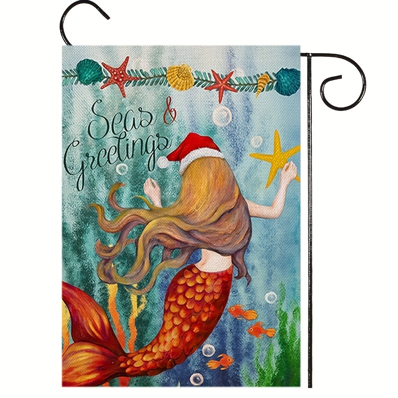 

1pc, Greetings Christmas Home Decorative Garden Flag (12inx18in/30.48cmx45.72cm), Double Sided Flag, House Yard Coastal Mermaid Beach Starfish Outside Decor, Nautical Outdoor Small Decorations