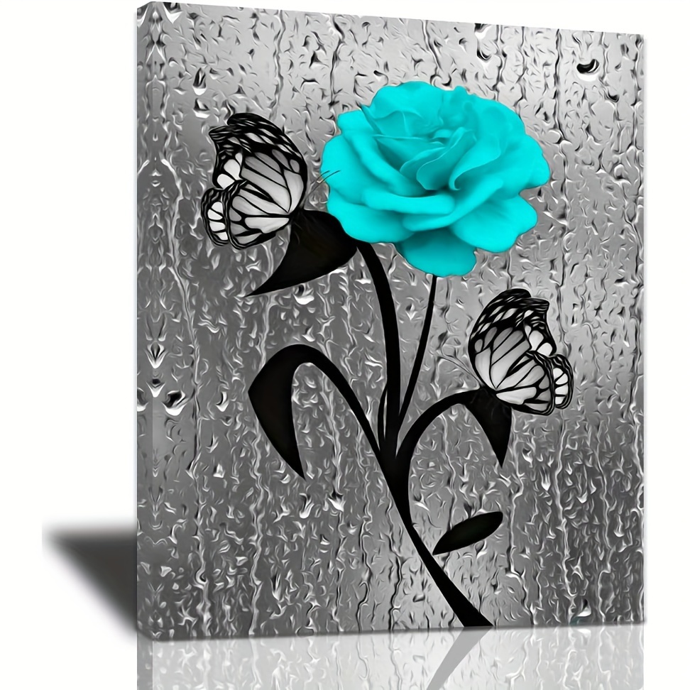 

1pc, Farmhouse Bathroom Deco Canvas Wall Art Teal Rose Butterfly Picture Wall Decor, Black And White Grey Bathroom Painting Print Artwork Modern Home Deco Living Room Bedroom 12x16 "frameless