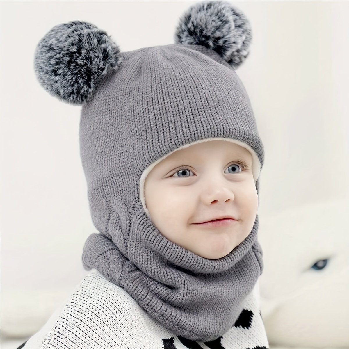 

1pc Children's Fur Pom Pom Beanie, Knitted Hat For Autumn And Winter