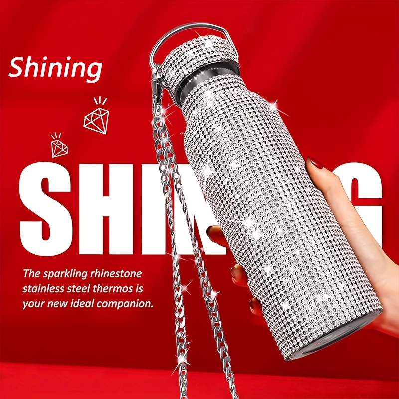 500ml 17oz double layer stainless steel rhinestone studded insulated cup with chain sports water bottle gift for women ladies 0