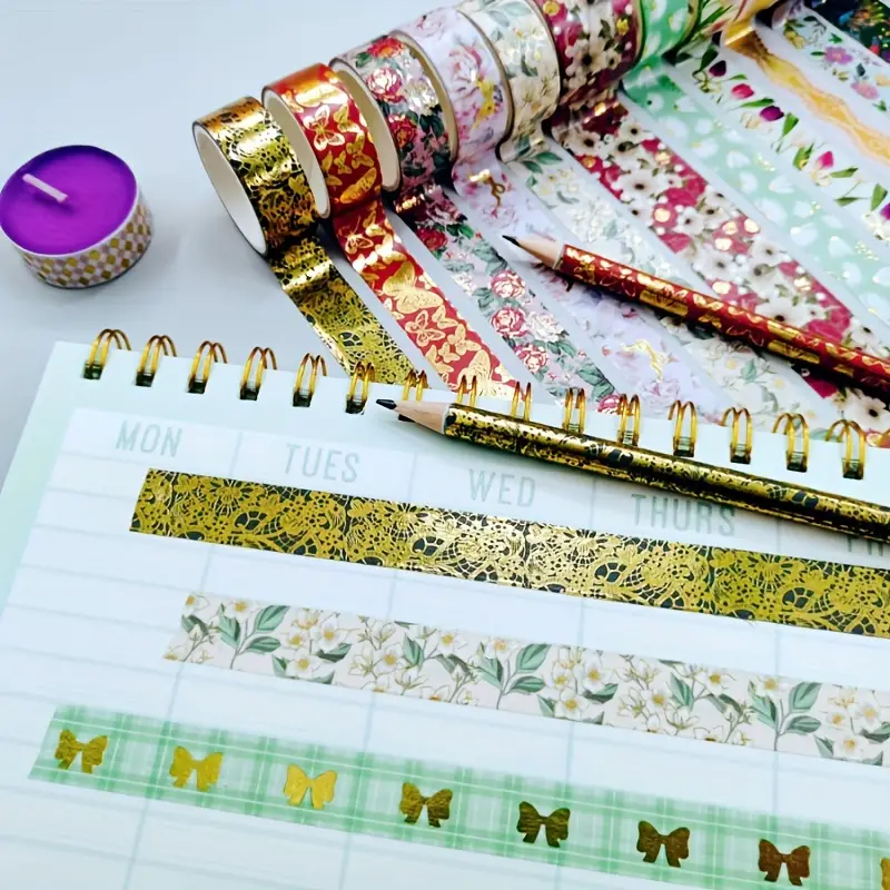 Colorful Washi Tape Supply Set With Bronzing Flowers Washi - Temu