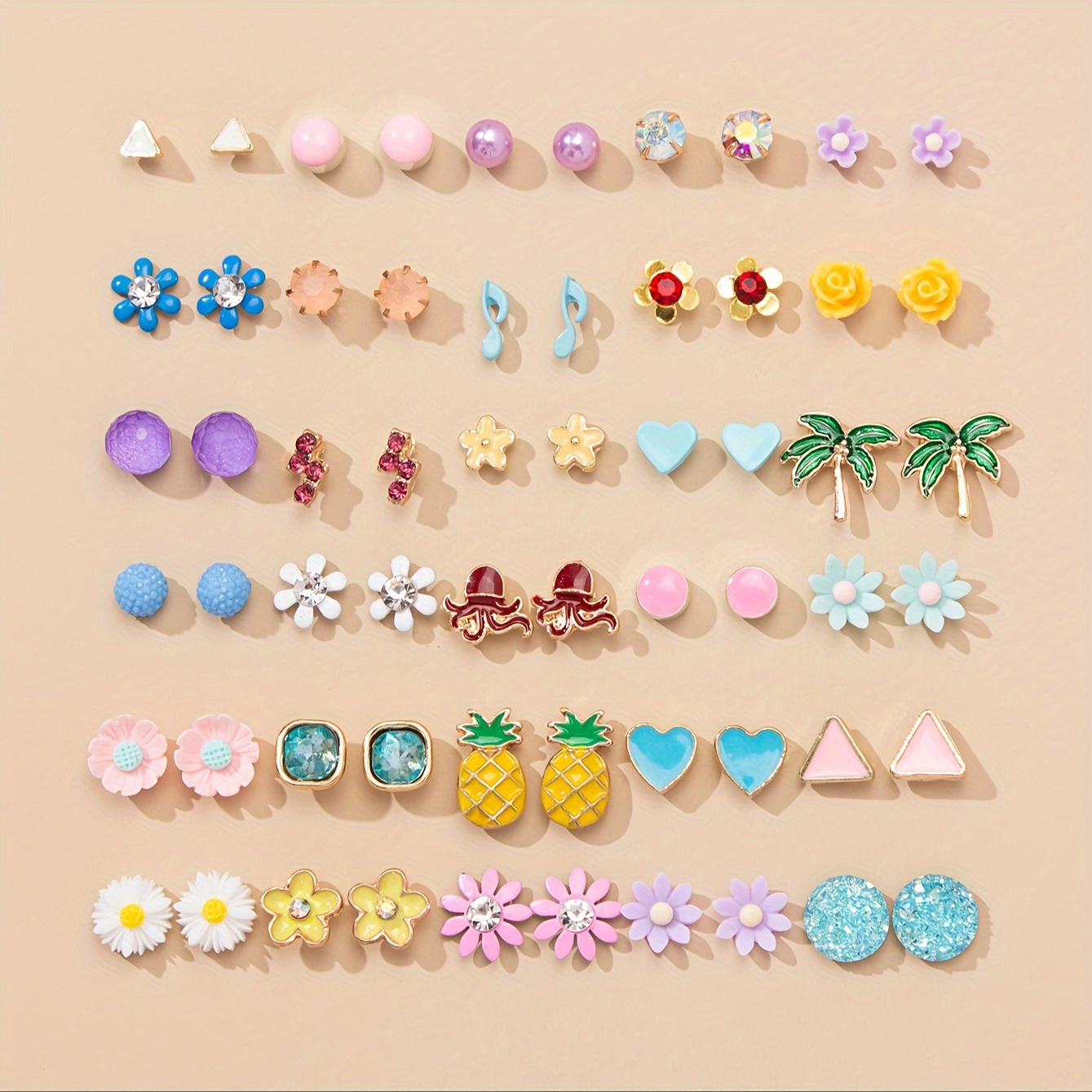 

Pretty 30 Pairs Set Of Love Flower Pineapple Design Stud Earrings Zinc Alloy Jewelry Embellished With Rhinestones Adorable Earrings