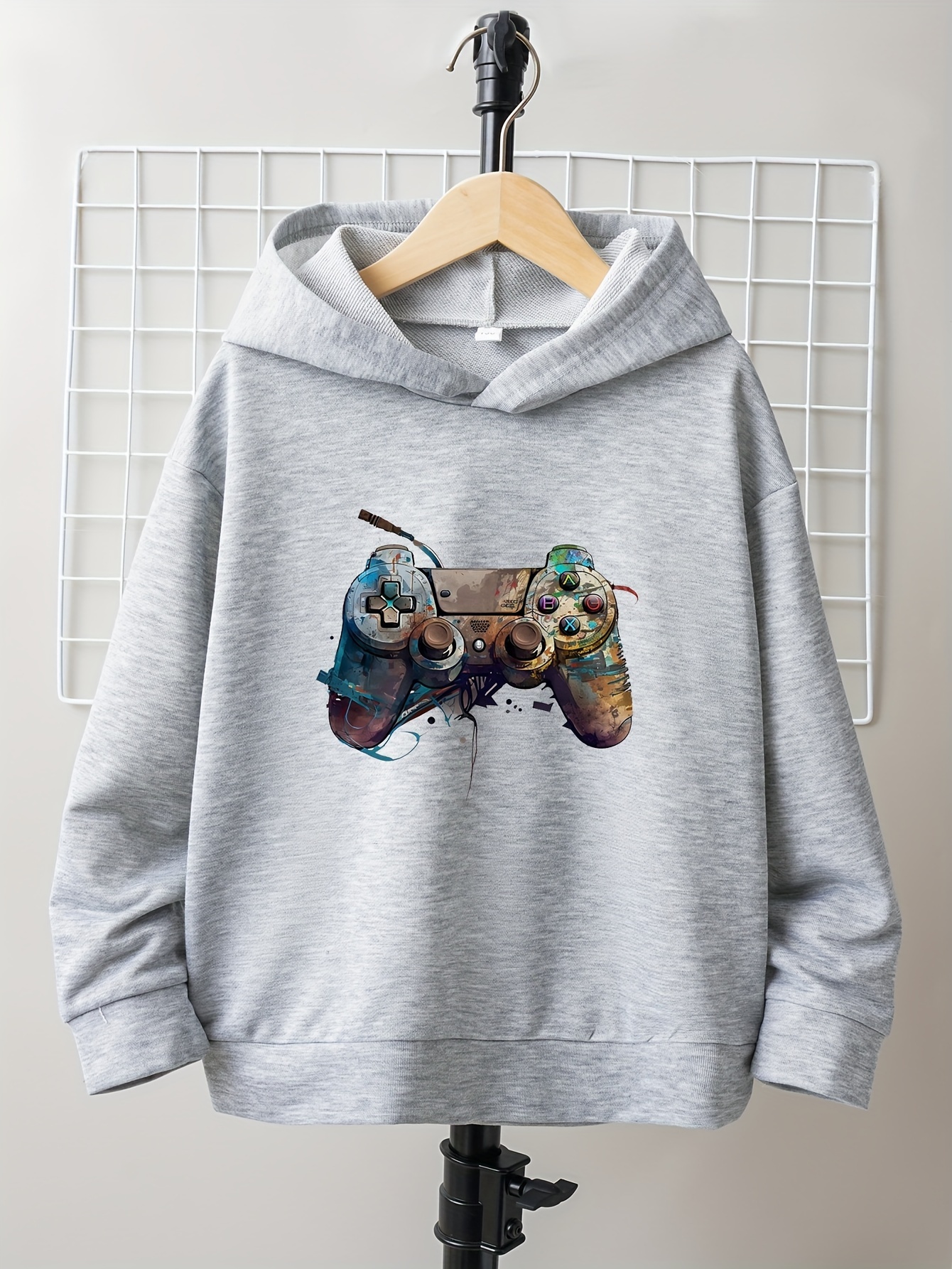 Retro Gamepad Print Boys Casual Pullover Long Sleeve Hoodies Temu