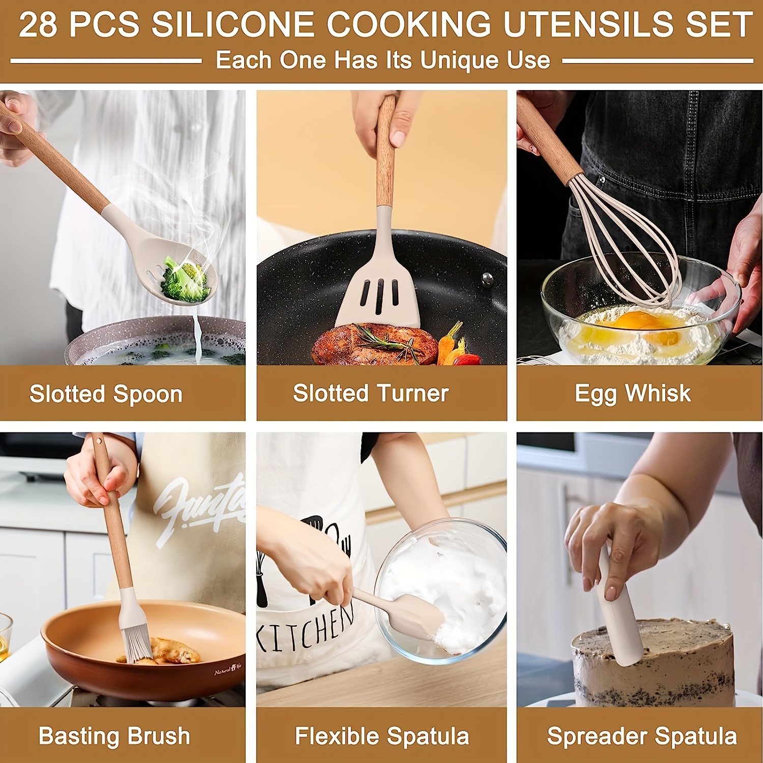 Silicone Kitchen Utensils Set, Heat Resistant Khaki Cooking Utensils Set,  Non-stick Silicone Kitchen Spatula And Spoon, Cooking Turner For Frying,  Mixing, Draining,turning, Kitchen Accessories, Kitchen Supplies, Ready For  School - Temu