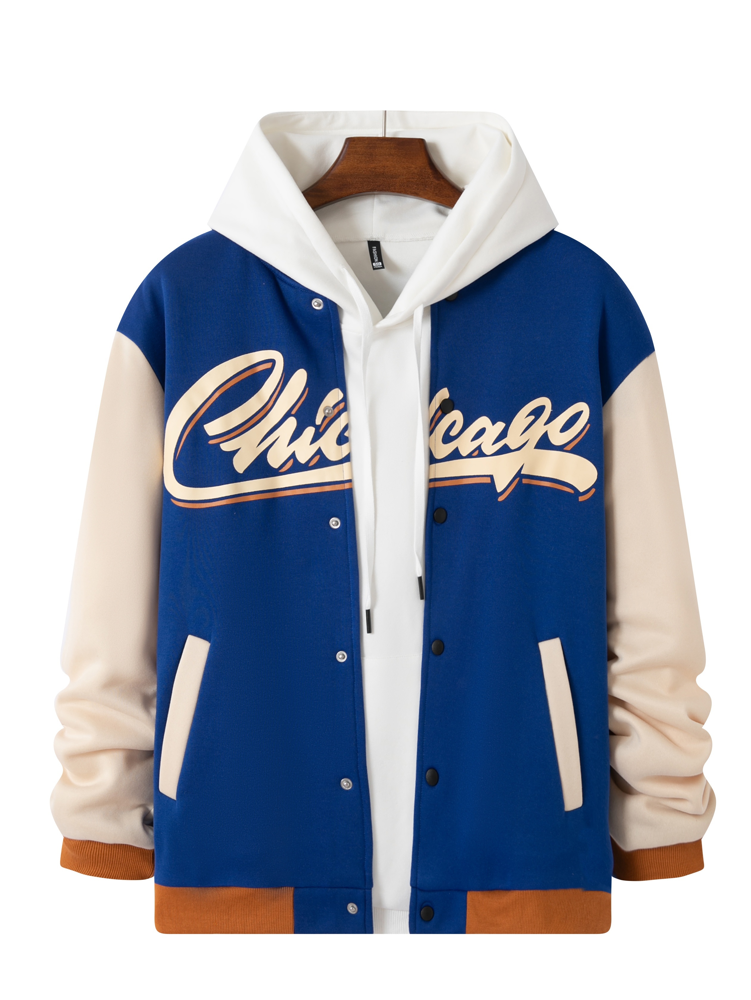 Chaqueta universitaria con estampado Chicago sin sudadera con capucha,  informal con botones y bloques de color para hombre para béisbol escolar de  p