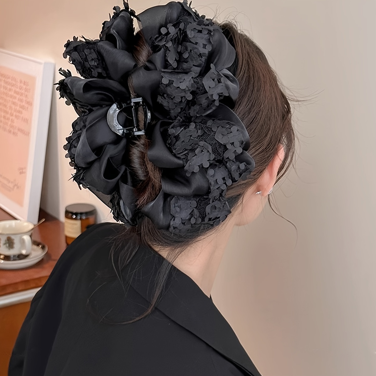 

Black Mesh Bow Hair Claw Clips Fluffy Flower Decor Mesh Hair Grab Clip Large Bow Hair Clip, Vintage And Elegant Hair Accessories For Women