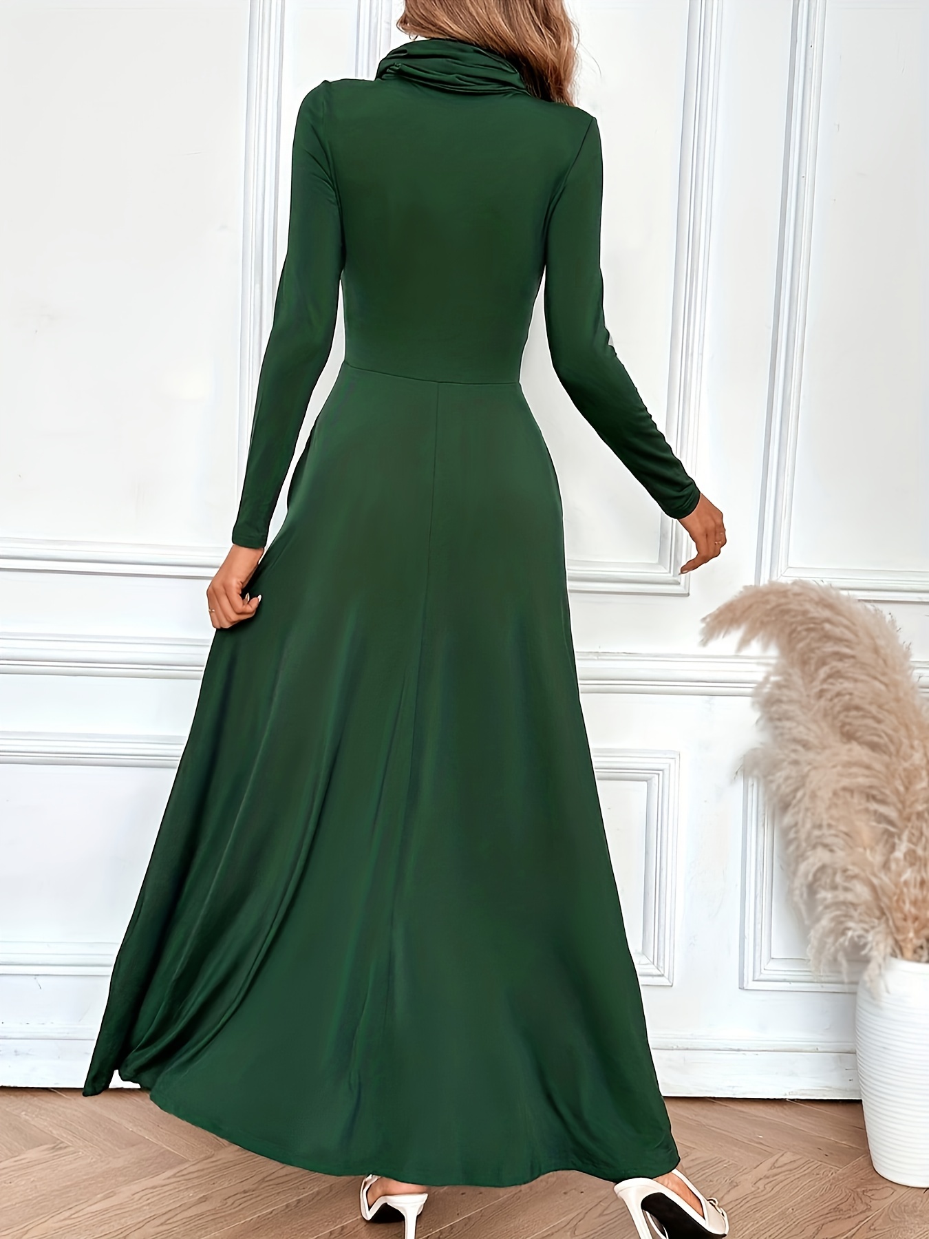 Solid Cowl Neck Dress、Elegant Long Sleeve Party Maxi Dress、Womens Clothing