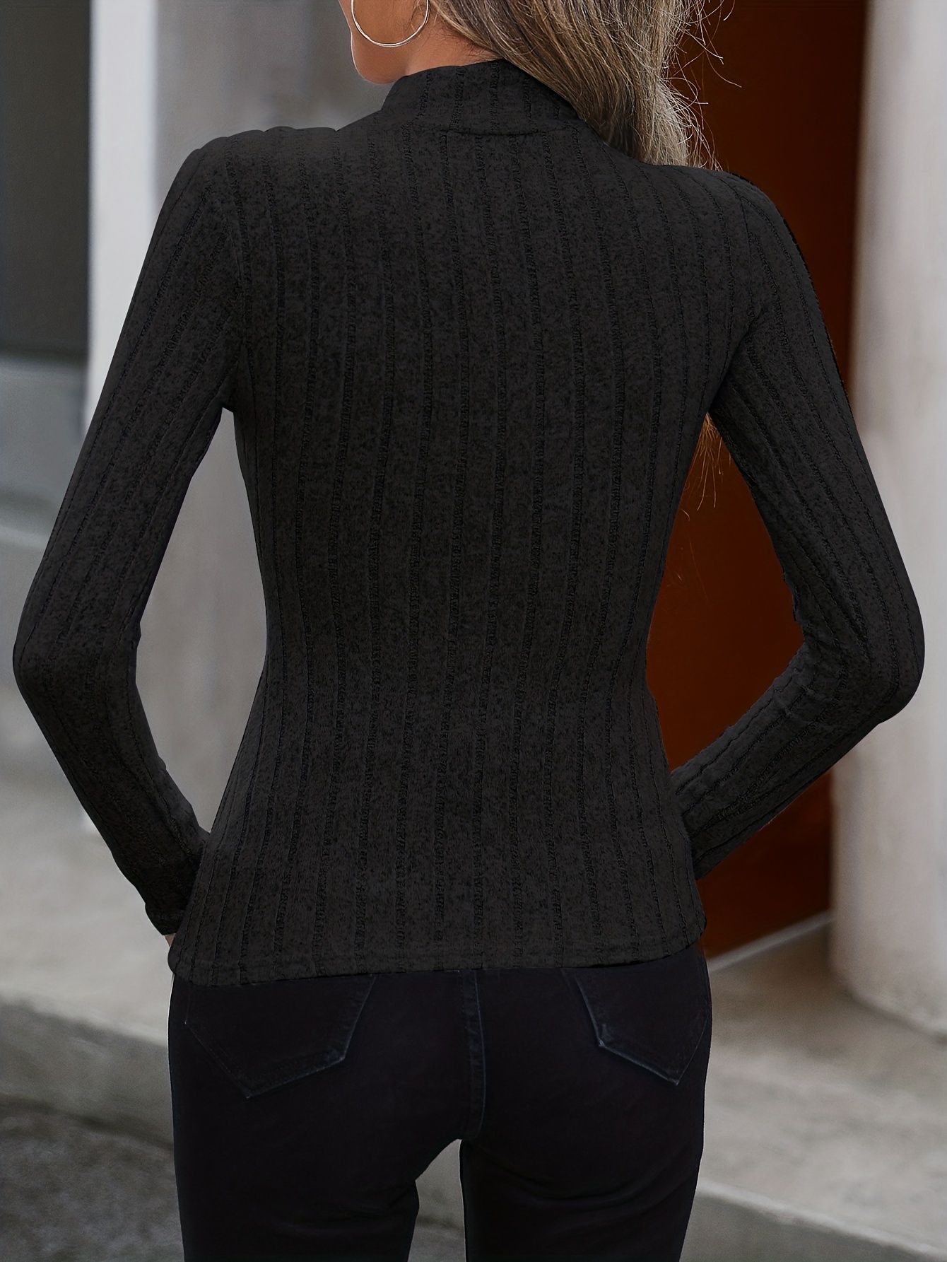 Solid Ribbed Turtleneck Top, Elegant Long Sleeve Top For Fall, Women's Clothing