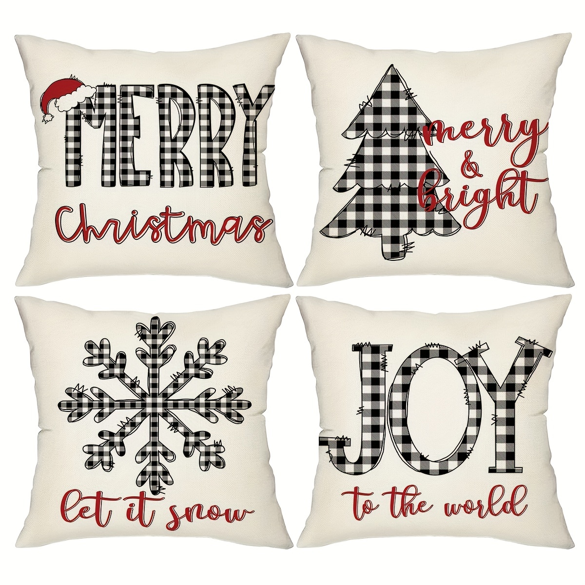 Christmas Pillow Covers 18x18 Set of 4 for Christmas Decorations Buffalo  Plaid Christmas Tree Joy Snow Merry Christmas Pillows Winter Holiday Throw